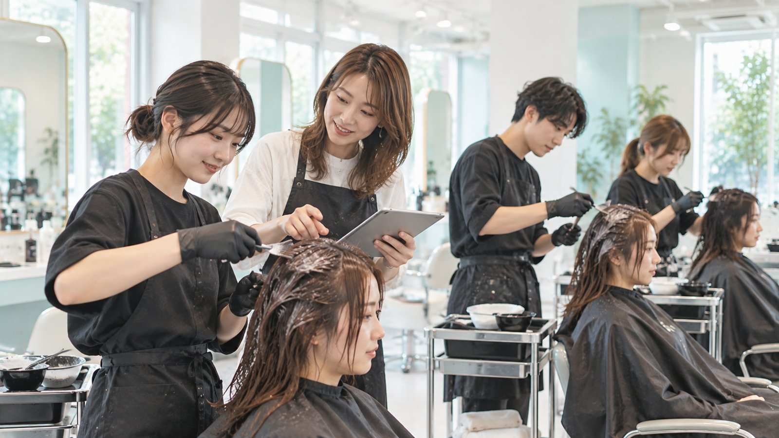 アカデミーでカラーの練習をする新人のイメージ