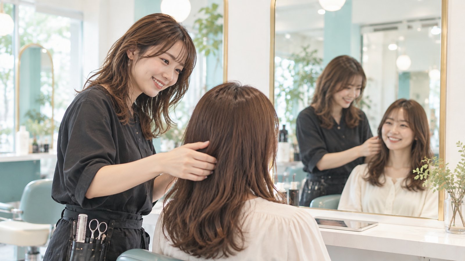鏡越しにお客様とカウンセリングする美容師のイメージ